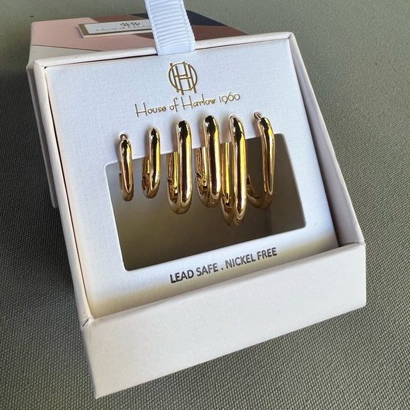 NEW House of Harlow 1960 Oval Hoop Earrings Set of 3 Gold with box NIB - Picture 1 of 5